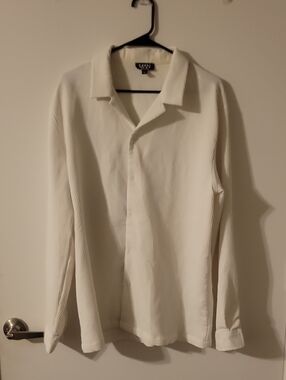 Boohoo Mens White Ribbed Long-Sleeve Button-Down Shirt